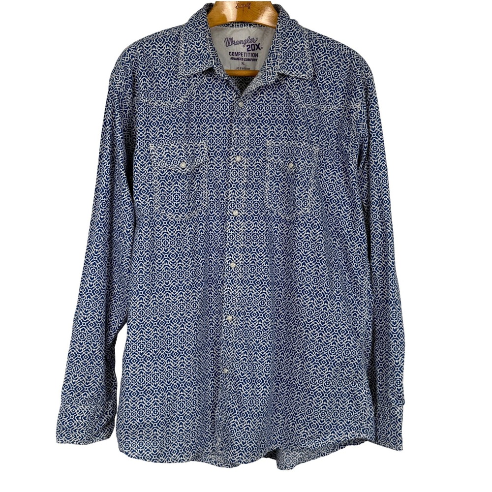 Wrangler 20X Competition Shirt Men's XL Blue Geometric Pearl Snap Western